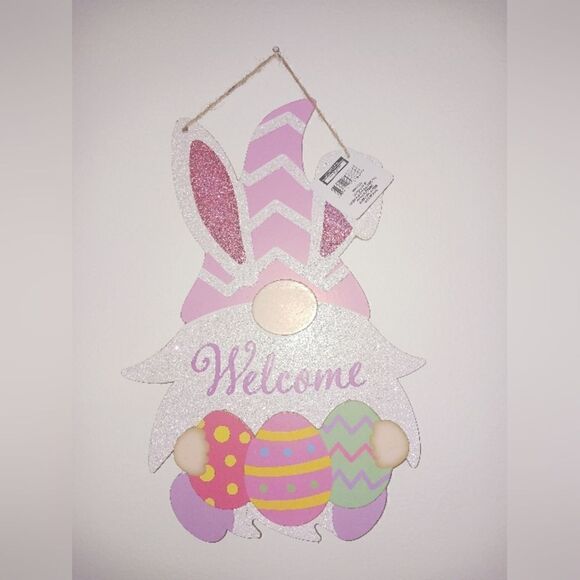 COPY - Wood Easter Bunny Gnome & Eggs Welcome Hanging Wall Door or Wreath Sign - Picture 2 of 2